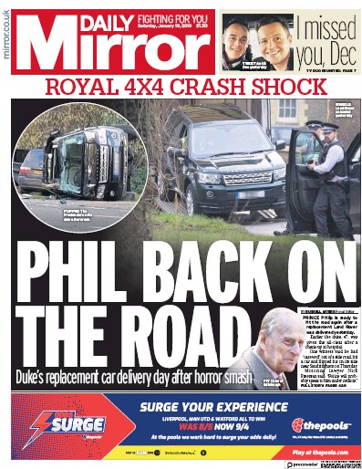 Daily Mirror Newspaper Front Page for 19 January 2019