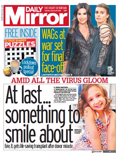 Daily Mirror Newspaper Front Page for 19 January 2021