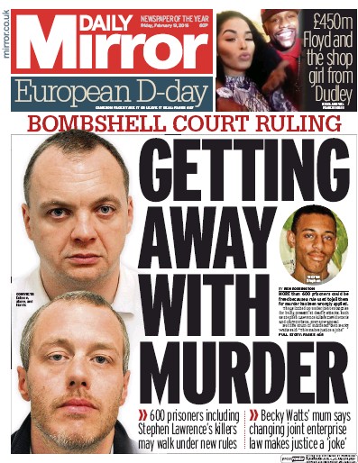 Daily Mirror Newspaper Front Page for 19 February 2016