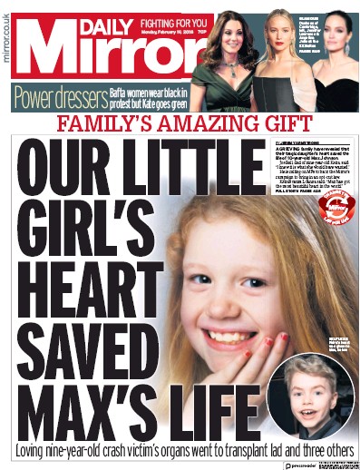 Daily Mirror Newspaper Front Page for 19 February 2018