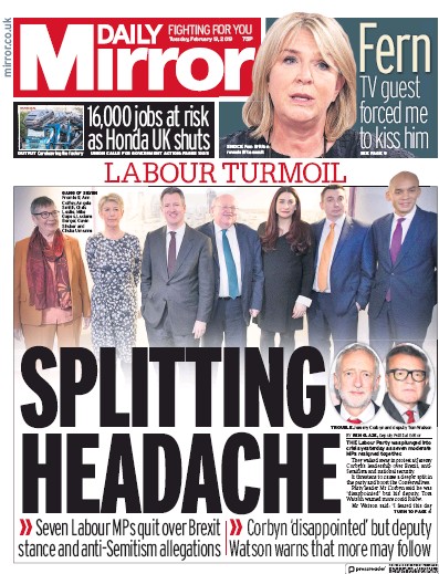 Daily Mirror Newspaper Front Page for 19 February 2019