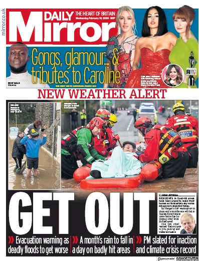 Daily Mirror Newspaper Front Page for 19 February 2020