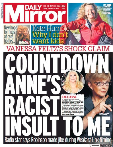 Daily Mirror Newspaper Front Page for 19 February 2021