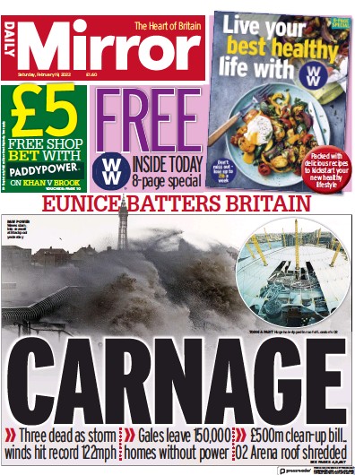 Daily Mirror Newspaper Front Page for 19 February 2022