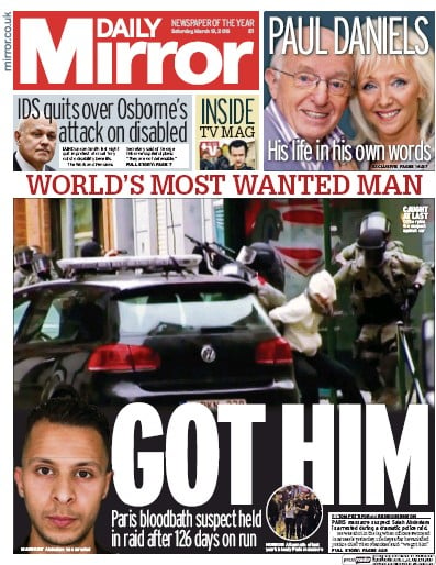 Daily Mirror Newspaper Front Page for 19 March 2016
