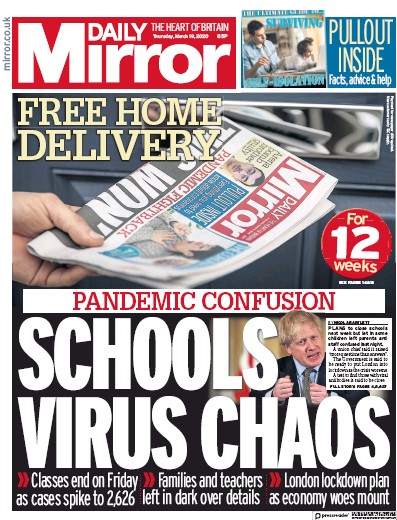 Daily Mirror Newspaper Front Page for 19 March 2020