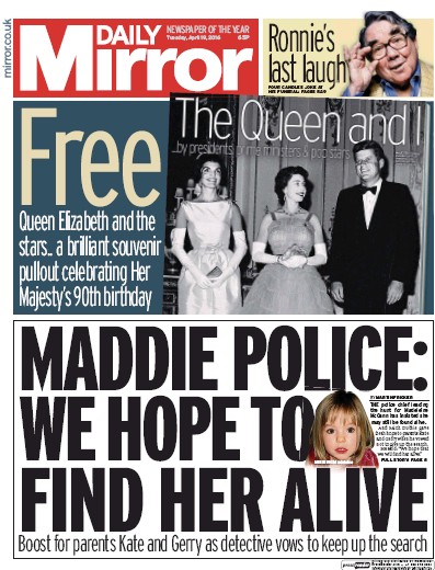 Daily Mirror Newspaper Front Page for 19 April 2016