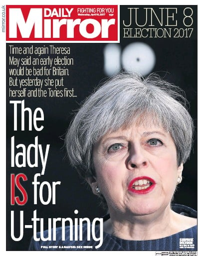 Daily Mirror Newspaper Front Page for 19 April 2017