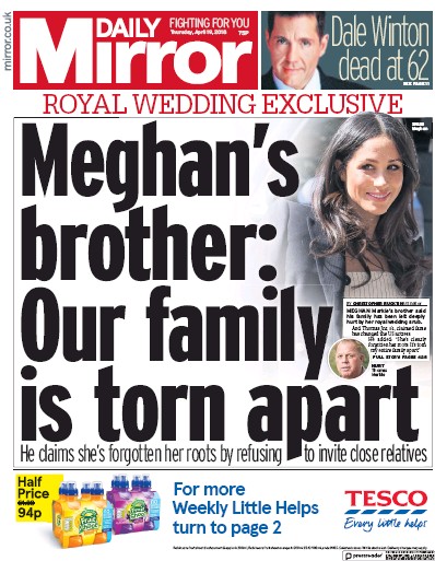 Daily Mirror Newspaper Front Page for 19 April 2018