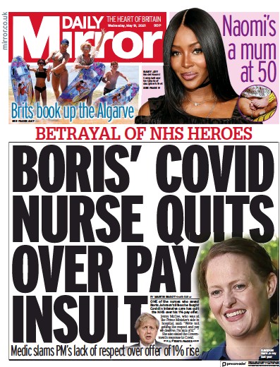 Daily Mirror Newspaper Front Page for 19 May 2021
