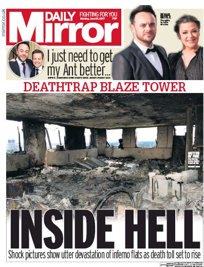 Daily Mirror Newspaper Front Page for 19 June 2017