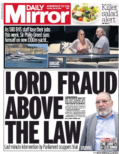Daily Mirror Newspaper Front Page for 19 July 2016