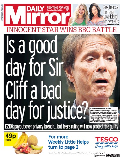 Daily Mirror Newspaper Front Page for 19 July 2018