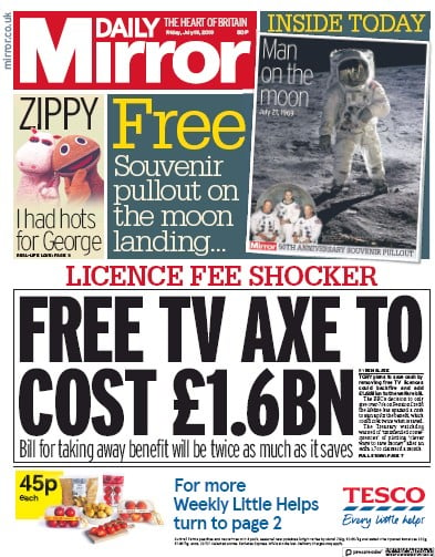 Daily Mirror Newspaper Front Page for 19 July 2019