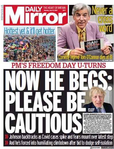 Daily Mirror (UK) Newspaper Front Page for 19 July 2021