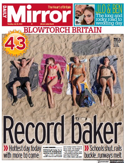 Daily Mirror Newspaper Front Page for 19 July 2022