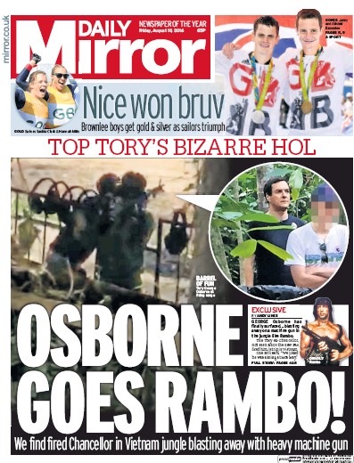 Daily Mirror Newspaper Front Page for 19 August 2016