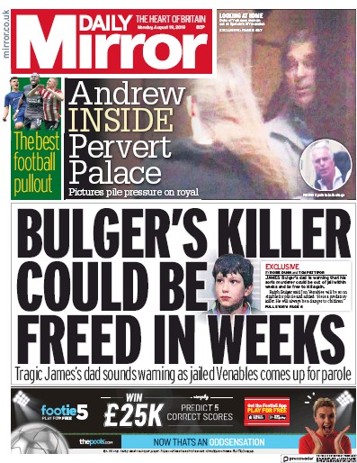 Daily Mirror Newspaper Front Page for 19 August 2019