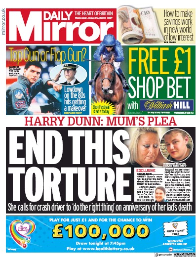 Daily Mirror Newspaper Front Page for 19 August 2020
