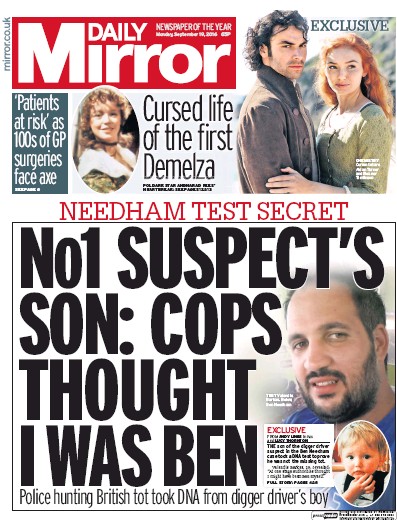 Daily Mirror Newspaper Front Page for 19 September 2016