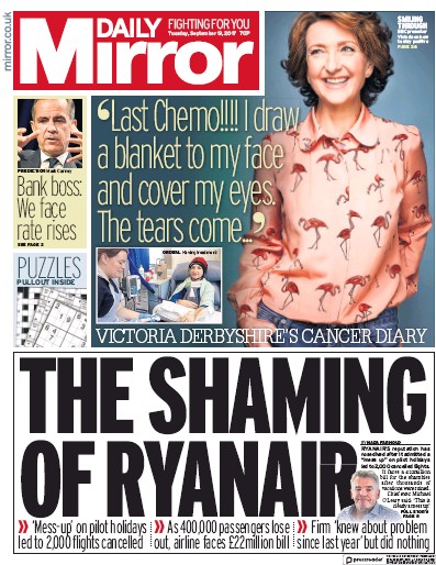 Daily Mirror (UK) Newspaper Front Page for 19 September 2017