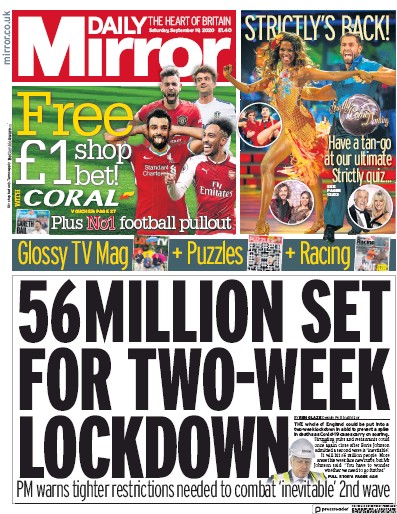 Daily Mirror Newspaper Front Page for 19 September 2020