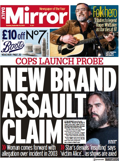 Daily Mirror (UK) Newspaper Front Page for 19 September 2023
