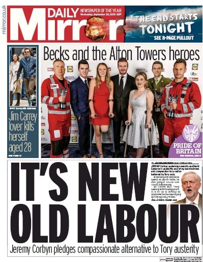 Daily Mirror Newspaper Front Page for 1 October 2015