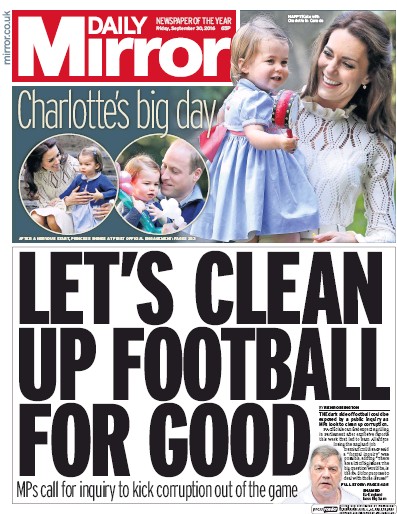 Daily Mirror Newspaper Front Page for 1 October 2016