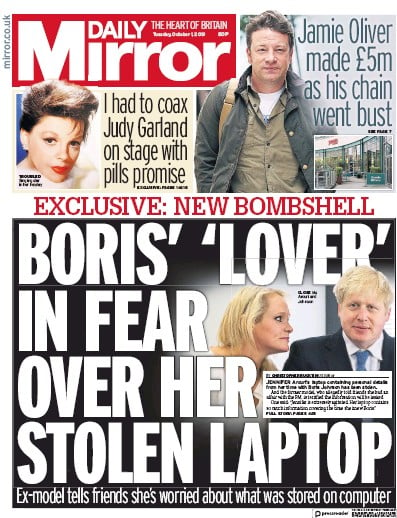 Daily Mirror Newspaper Front Page for 1 October 2019