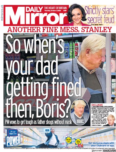 Daily Mirror Newspaper Front Page for 1 October 2020