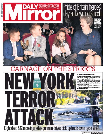 Daily Mirror Newspaper Front Page for 1 November 2017