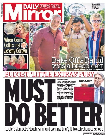 Daily Mirror Newspaper Front Page for 1 November 2018