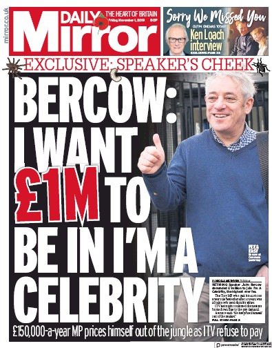 Daily Mirror Newspaper Front Page for 1 November 2019
