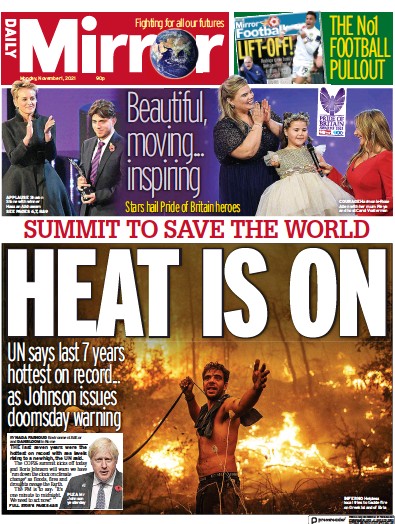 Daily Mirror (UK) Newspaper Front Page for 1 November 2021