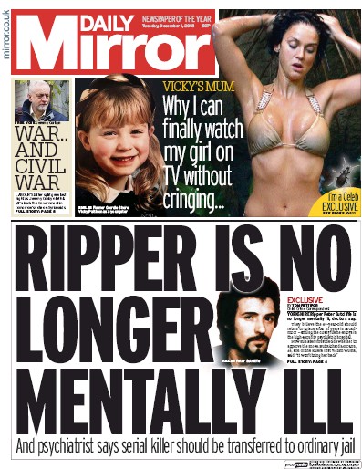 Daily Mirror Newspaper Front Page for 1 December 2015