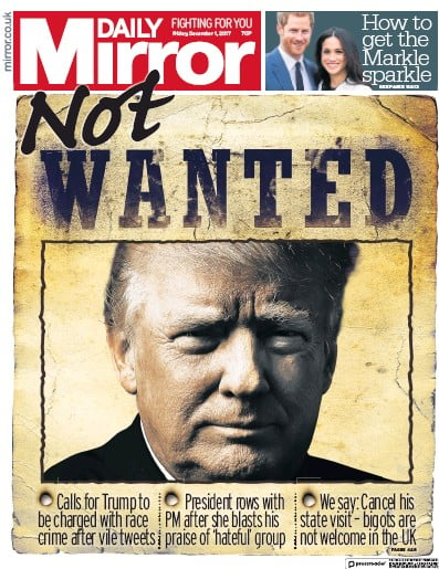 Daily Mirror Newspaper Front Page for 1 December 2017