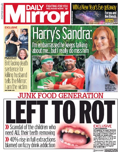 Daily Mirror Newspaper Front Page for 1 December 2018