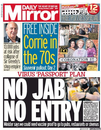 Daily Mirror Newspaper Front Page for 1 December 2020