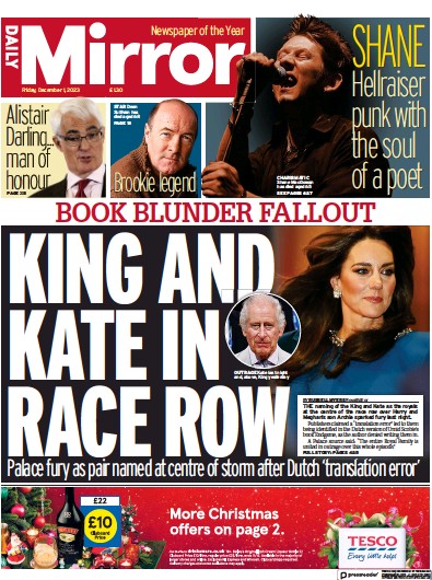 Daily Mirror (UK) Newspaper Front Page for 1 December 2023