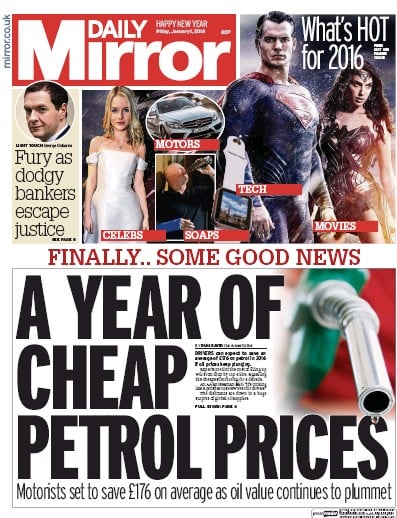 Daily Mirror Newspaper Front Page for 1 January 2016