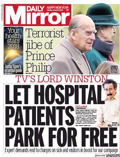 Daily Mirror Newspaper Front Page for 1 January 2018