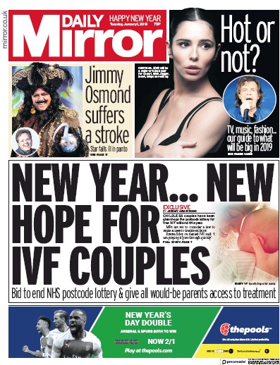 Daily Mirror Newspaper Front Page for 1 January 2019