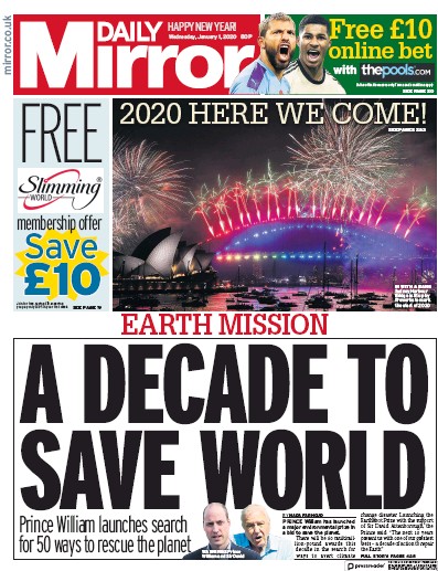 Daily Mirror (UK) Newspaper Front Page for 1 January 2020