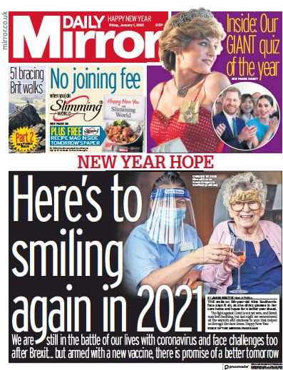 Daily Mirror Newspaper Front Page for 1 January 2021