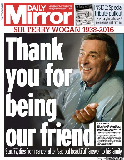Daily Mirror Newspaper Front Page for 1 February 2016