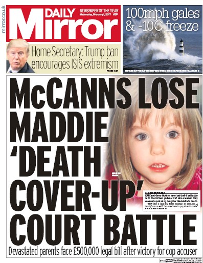 Daily Mirror Newspaper Front Page for 1 February 2017