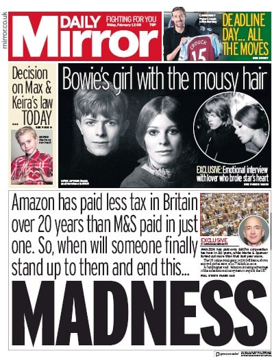 Daily Mirror Newspaper Front Page for 1 February 2019