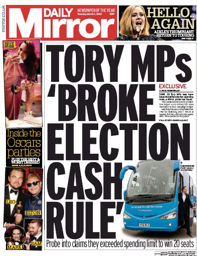 Daily Mirror Newspaper Front Page for 1 March 2016