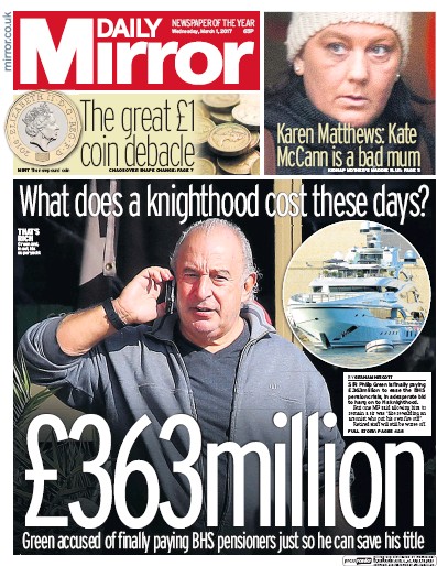 Daily Mirror Newspaper Front Page for 1 March 2017